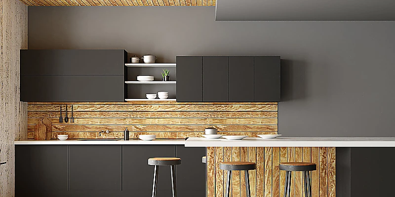 Moderne Designküche mit mattschwarzen Schränken, warmer Holzverkleidung an Wand und Kücheninsel sowie integrierter Sitzgelegenheit.